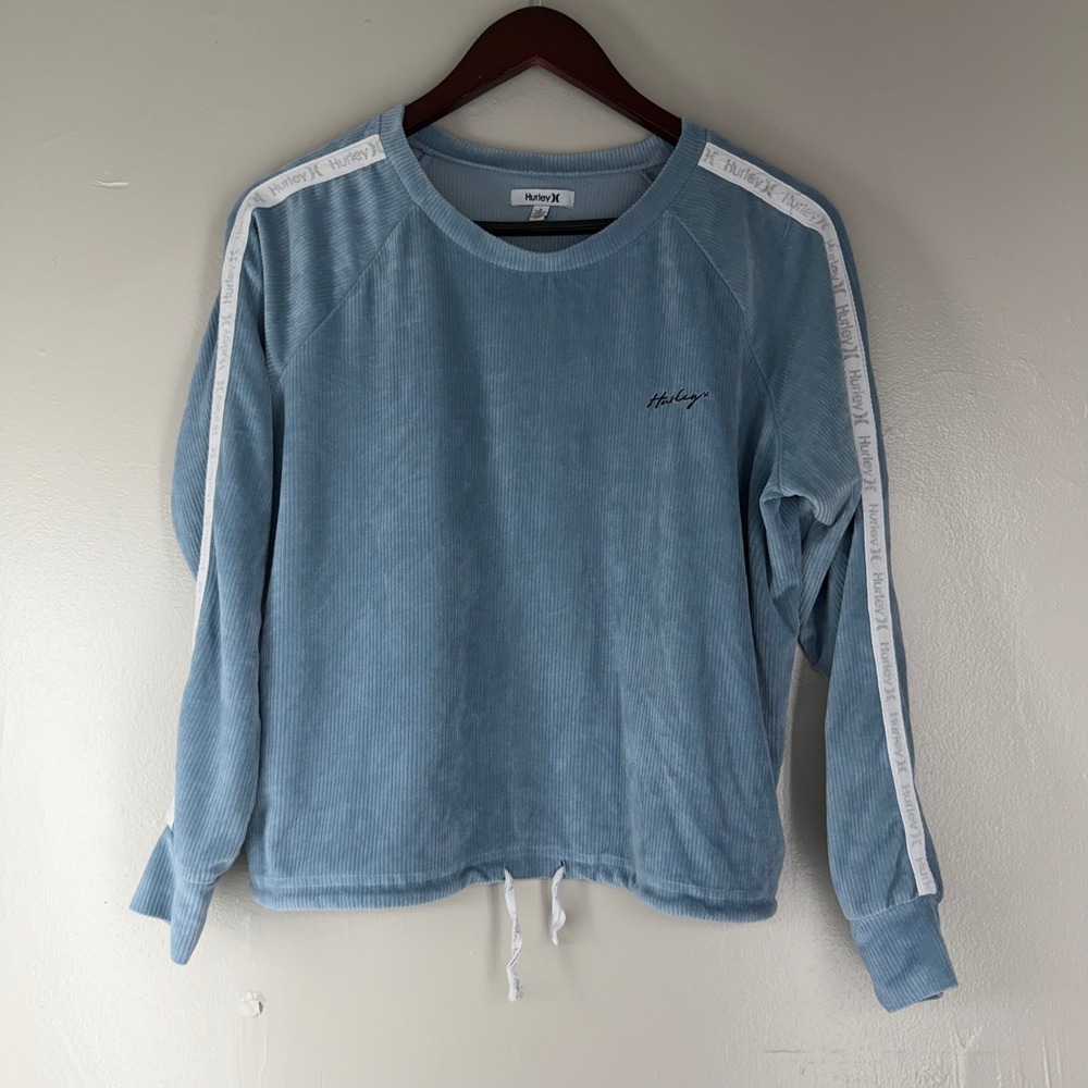 Hurley Womens Blue Corduroy Velvet Pullover Top Logo Tape FHUFS003B Size S